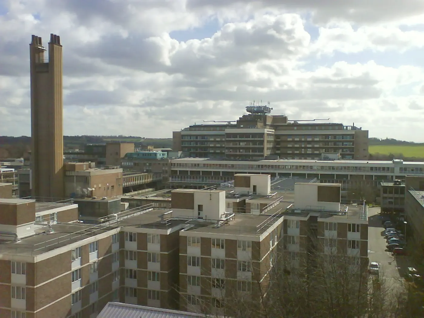 Addenbrooke's Hospital in Cambridge seen from above, with its tall chimney