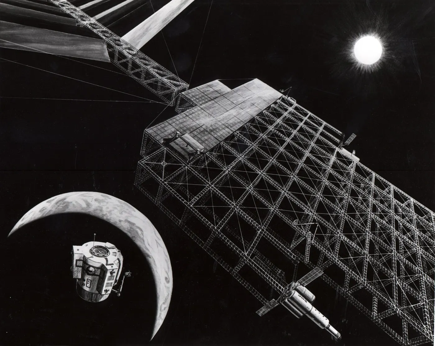 A NASA solar power satellite concept from 1976 (Wikimedia Commons, public domain)