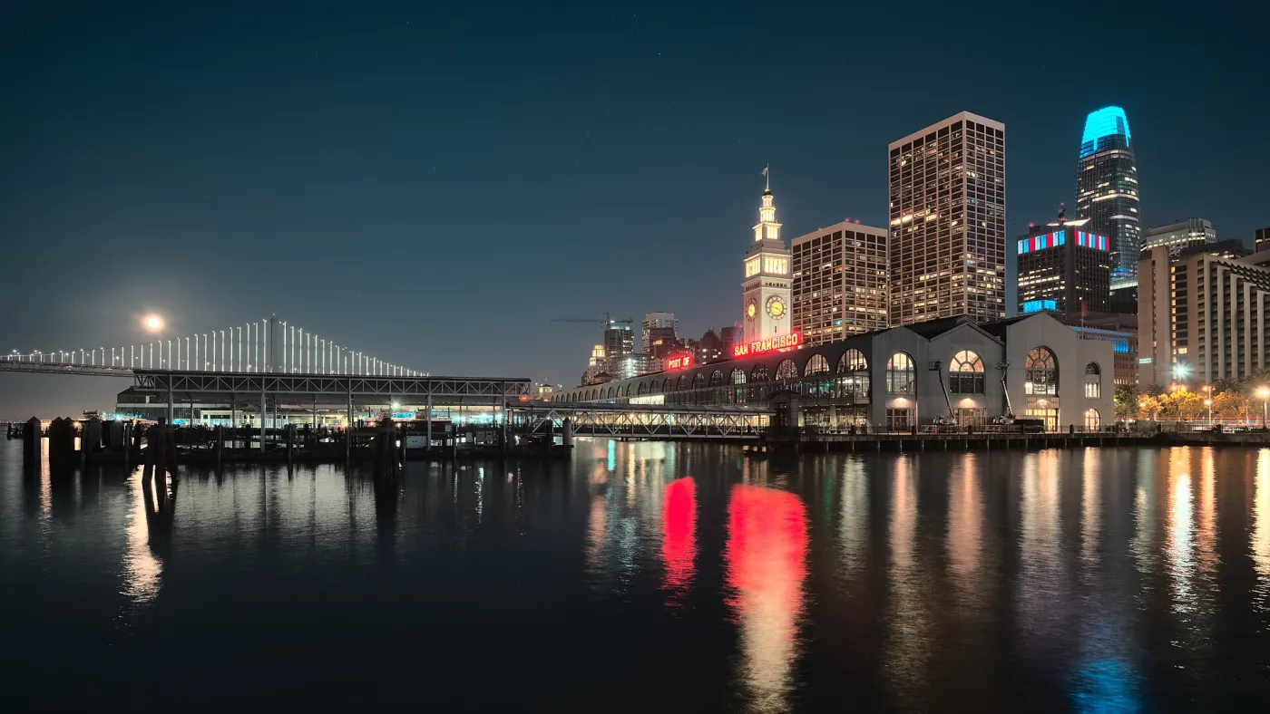 Ferry Building and Port of San Francisco neon at night