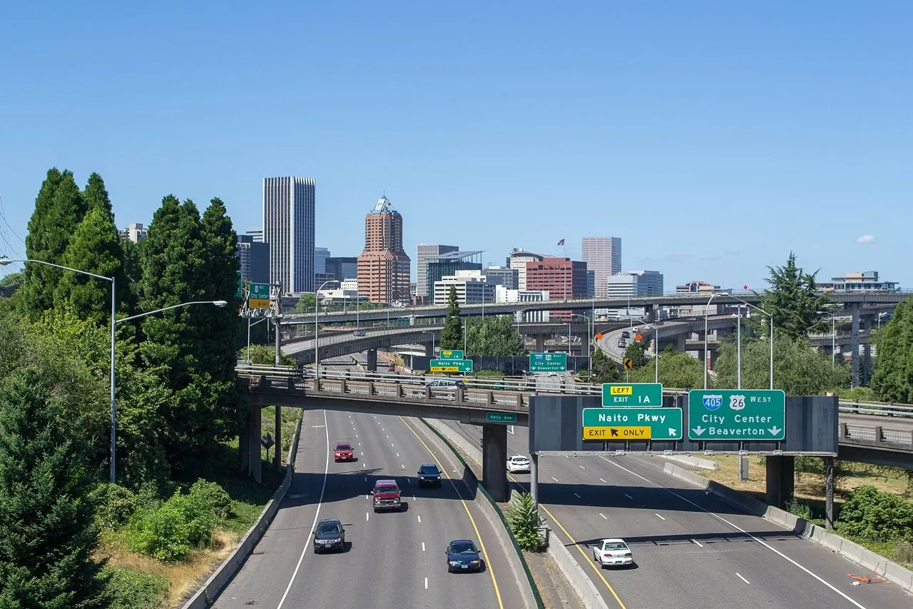 Portland highway interchange toward downtown skyline