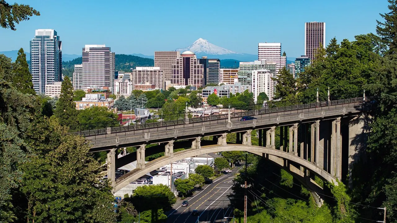 Vista Bridge, Portland skyline, Mount Hood on clear day