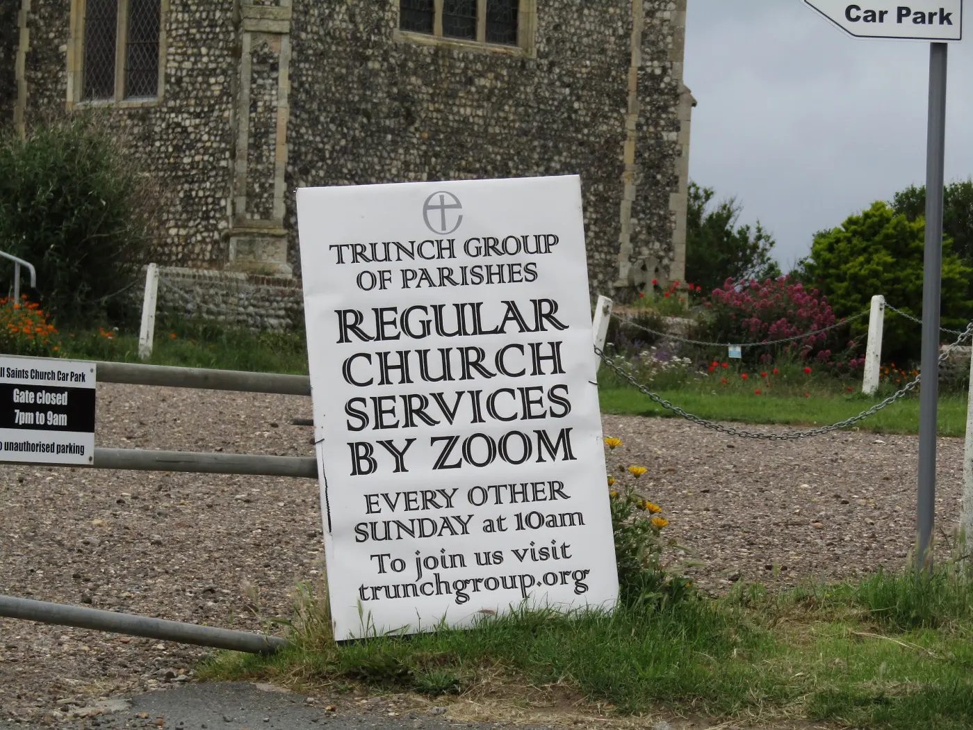 A church in Norfolk, England, advertises its Zoom service during Covid-19, 2020 (Wikimedia Commons, credit needed)