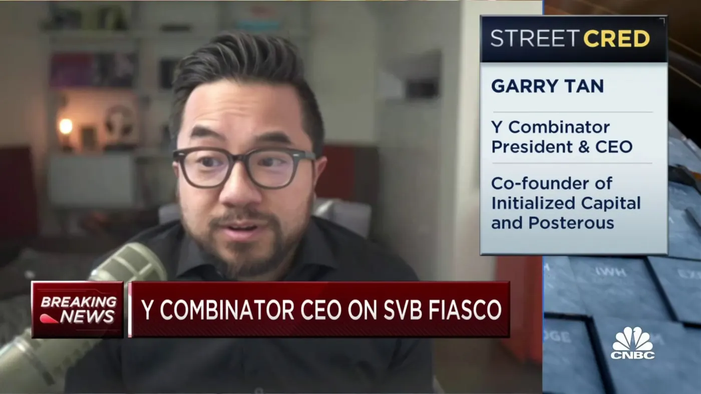 CNBC interview frame of Garry Tan labeled Y Combinator CEO on SVB coverage