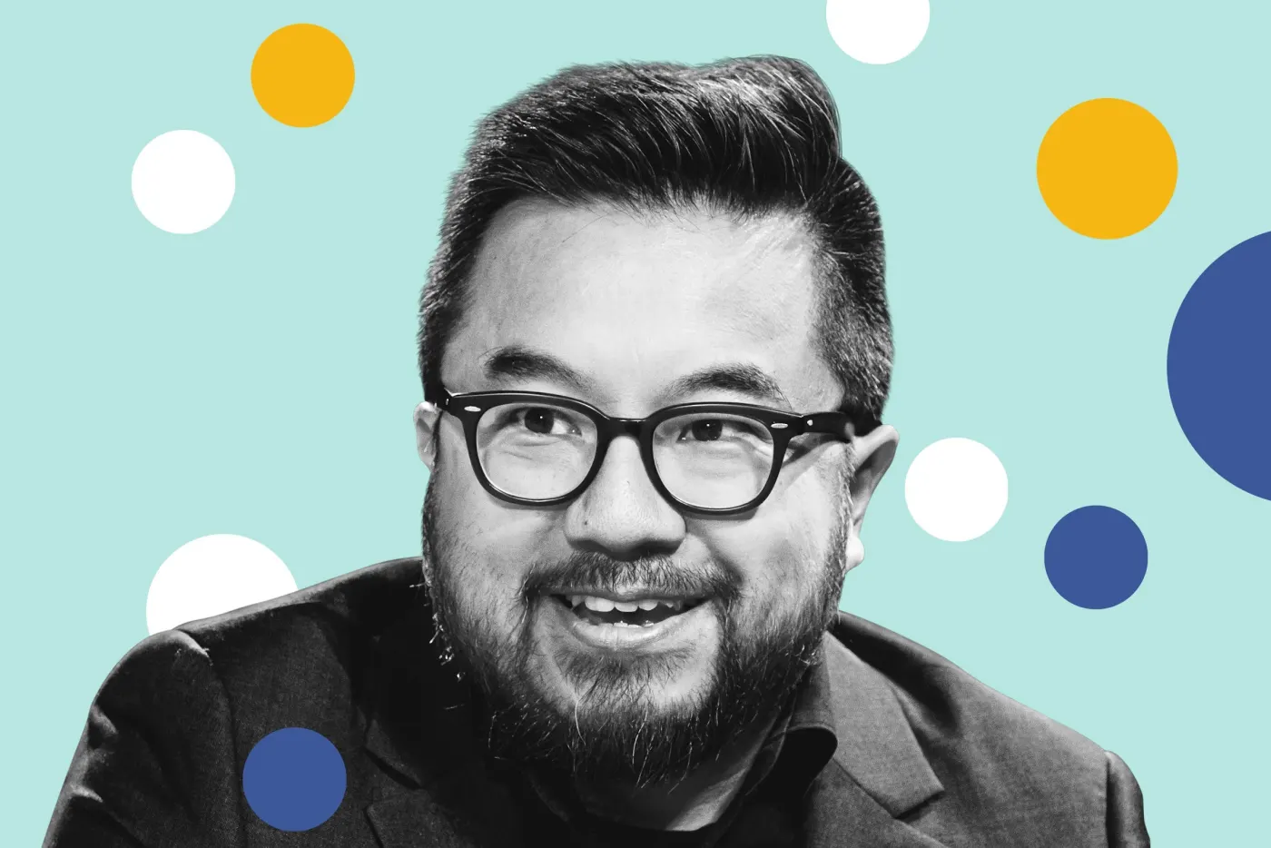 Stylized black-and-white Garry Tan portrait on teal graphic with colored circles