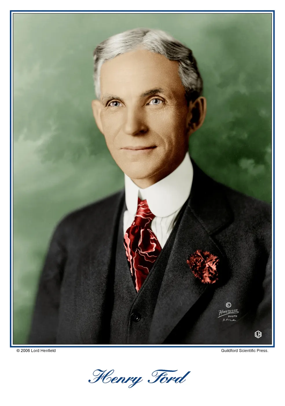 Colorized portrait of Ford in a dark suit and red tie with his printed signature