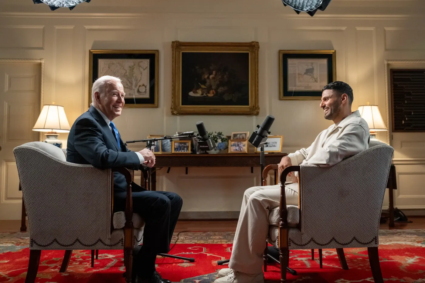 Joe Biden and U.S. Surgeon General Vivek Murthy talking with Jay Shetty (Wikimedia Commons, see Commons page, credit: creator)