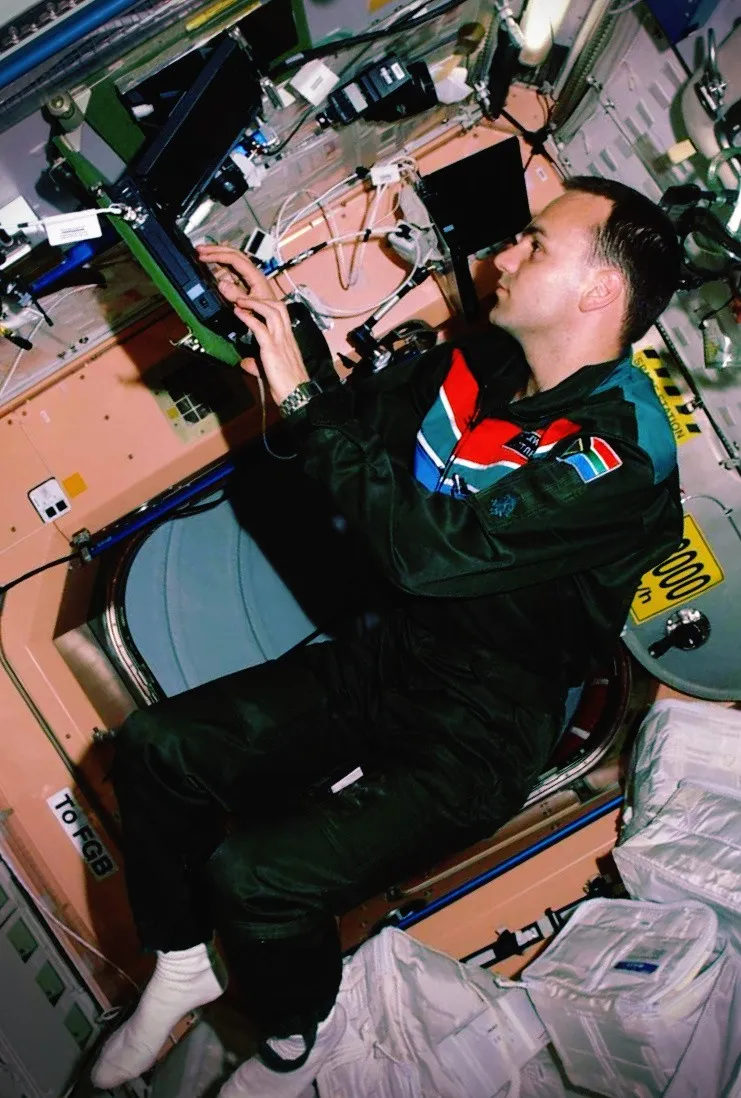 Mark Shuttleworth aboard the International Space Station, 2002 (Wikimedia Commons, credit needed)