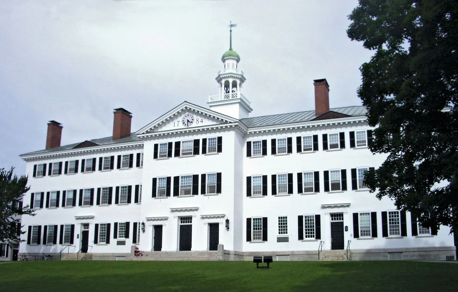 Dartmouth Hall, the long white colonial building on the green at Dartmouth College
