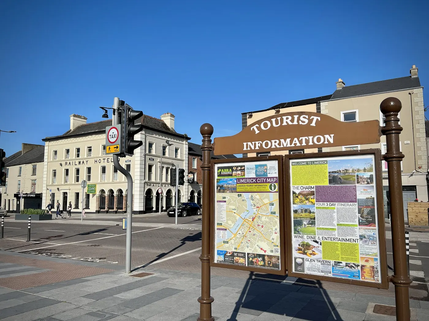 Limerick tourist map kiosk and Railway Hotel