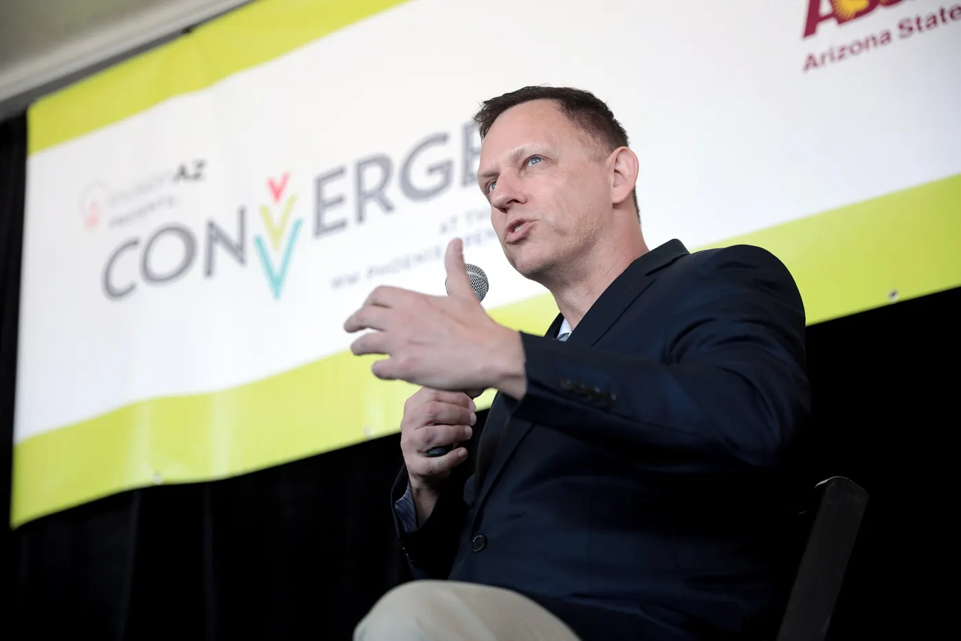 Peter Thiel gesturing during Converge talk