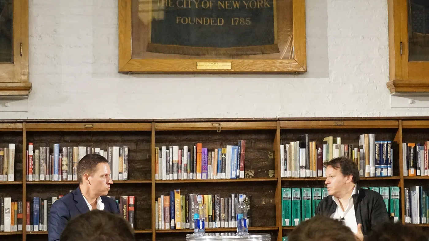 Peter Thiel in conversation on a New York library stage
