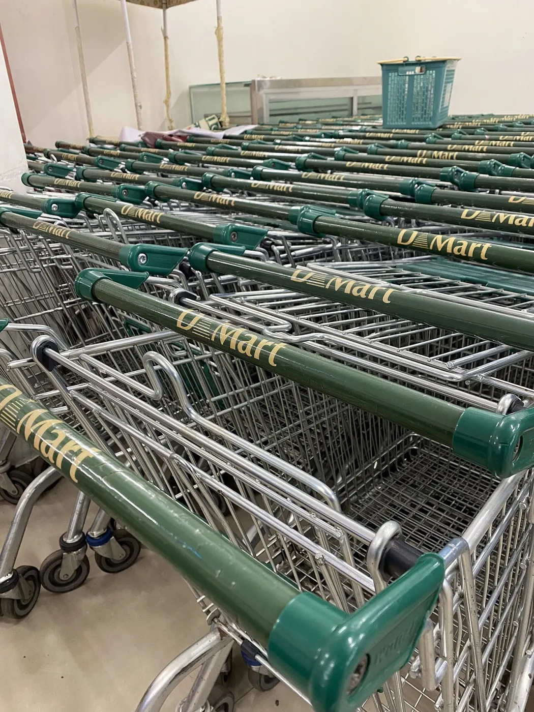 Nested metal carts with DMart-branded green handles