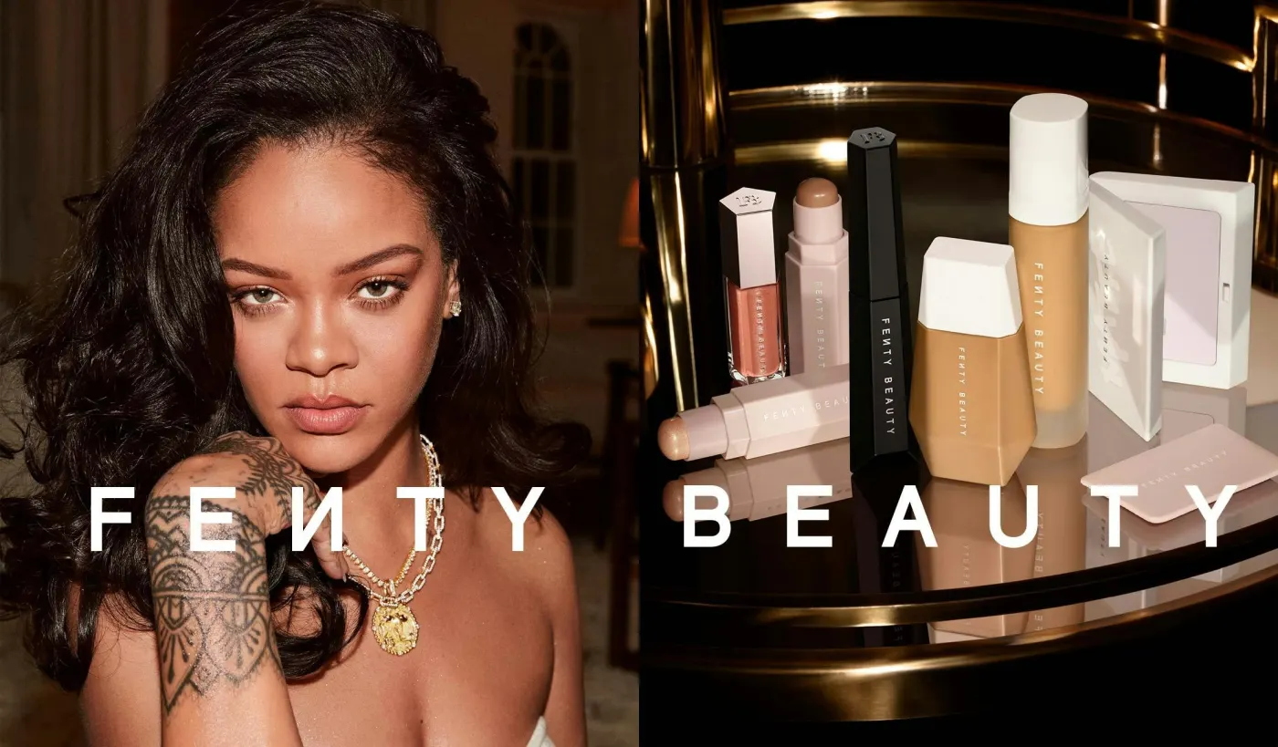 Split frame, Rihanna portrait beside Fenty Beauty counter wall