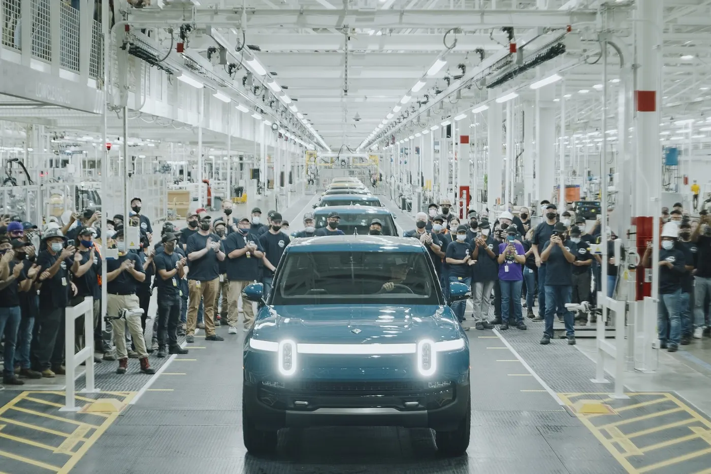 The factory floor at Rivian's plant in Normal, Illinois (Wikimedia Commons, credit needed)
