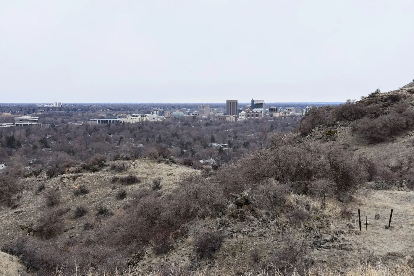View over the dry foothills toward the Boise, Idaho skyline