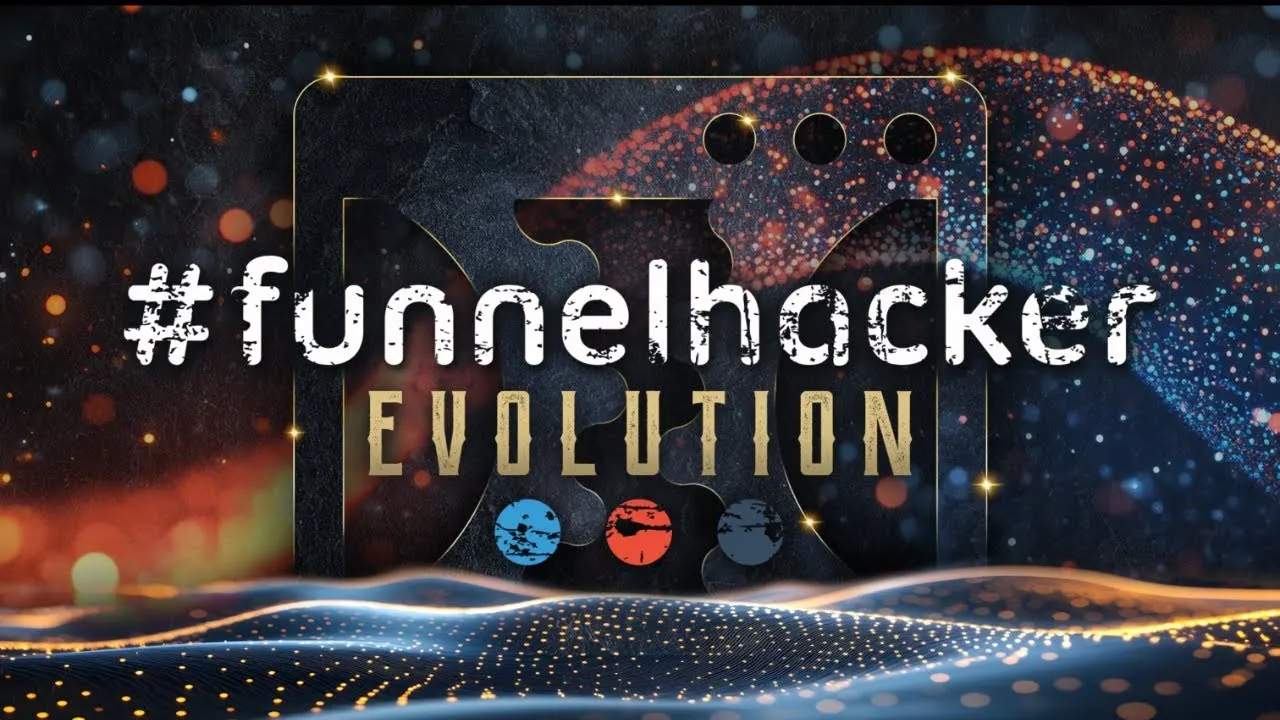 Glowing #funnelhacker Evolution event graphic in blue and orange light