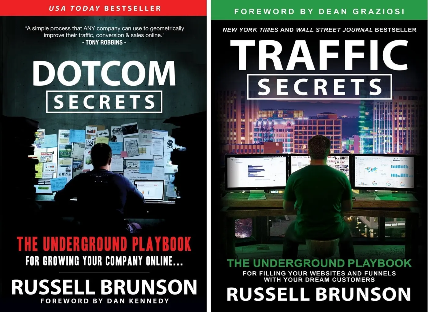 Covers of DotCom Secrets and Traffic Secrets side by side
