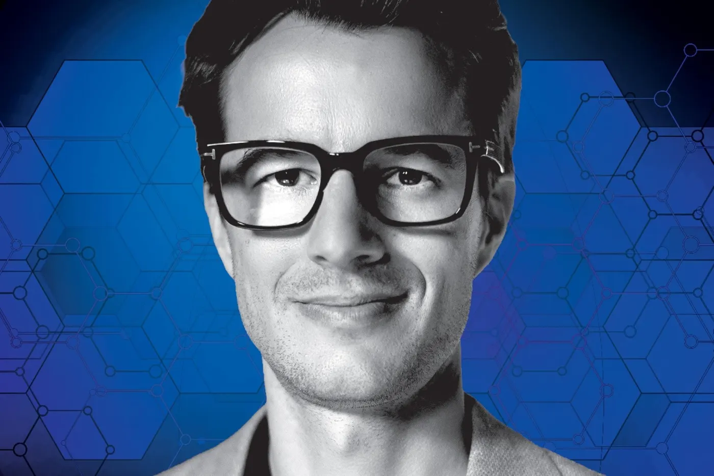 Illustrated portrait of Hacker in glasses against a blue patterned background
