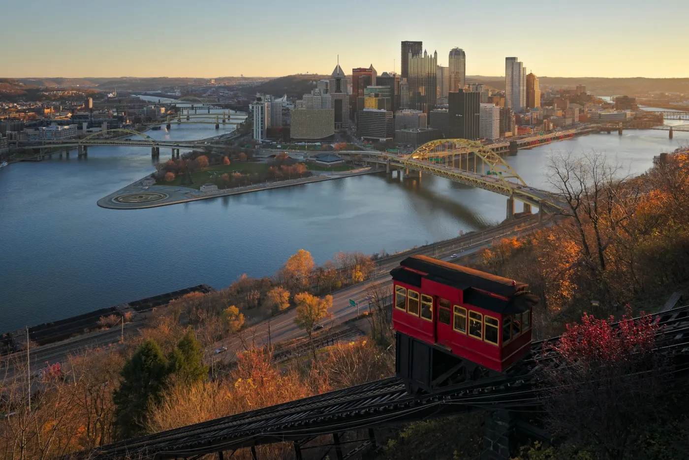 The Pittsburgh skyline at sunset, where the rivers meet