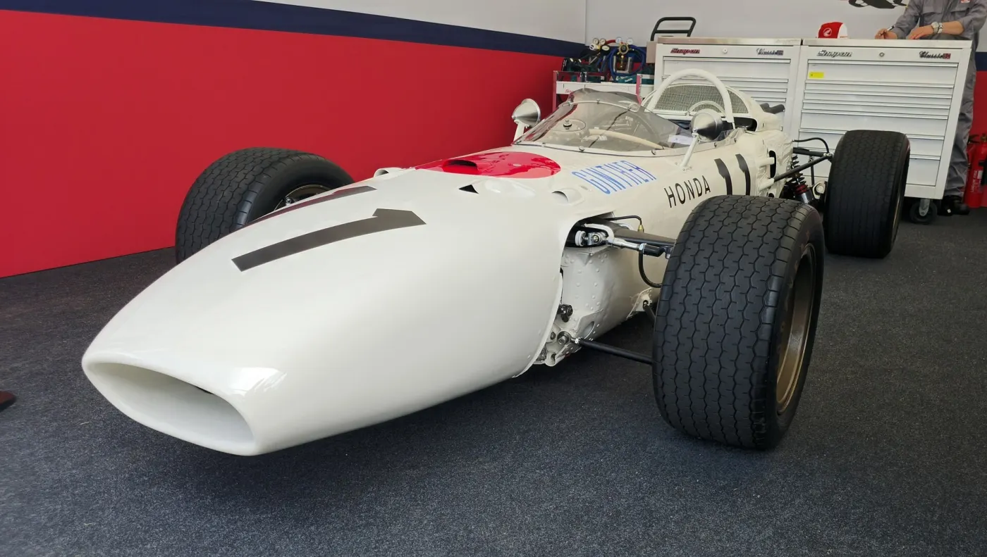 The white Honda RA272 Formula One car that won in Mexico in 1965