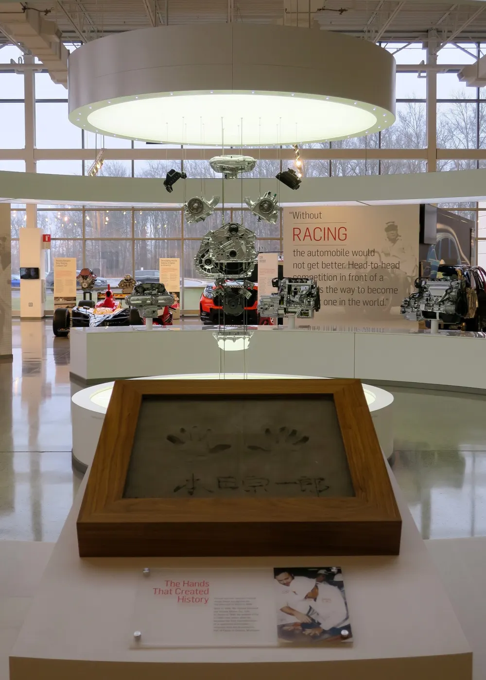 A framed Honda display inside the Honda Heritage Center museum in Marysville, Ohio